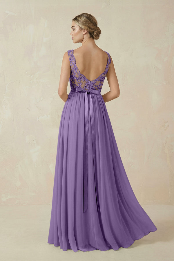 Lace A - Line Bateau Neck Chiffon Long Bridesmaid Dress in Tahiti - KISS BRIDAL Bridesmaid Dresses