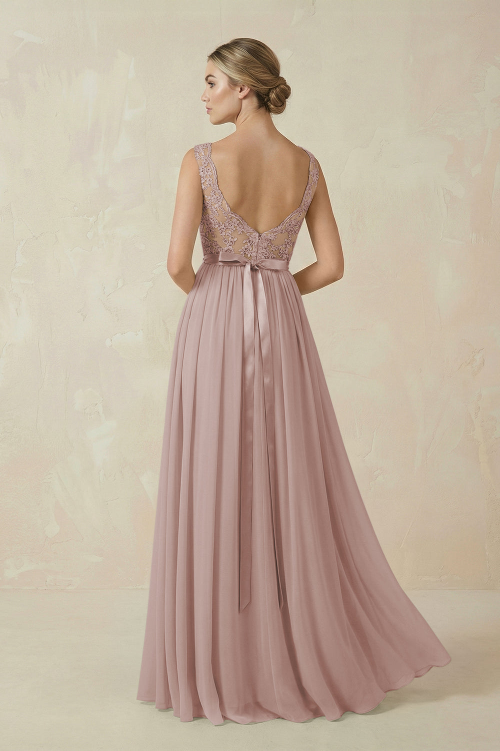 Lace A-Line Bateau Neck Chiffon Long Bridesmaid Dress in Toffee