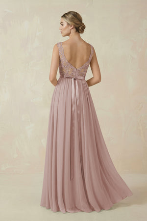 Lace A-Line Bateau Neck Chiffon Long Bridesmaid Dress in Toffee (2) | KISSBRIDAL