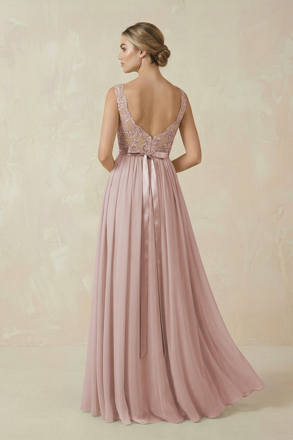 Lace A - Line Bateau Neck Chiffon Long Bridesmaid Dress in Toffee - KISS BRIDAL Bridesmaid Dresses