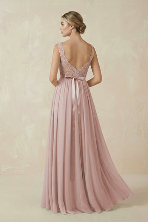 Lace A - Line Bateau Neck Chiffon Long Bridesmaid Dress in Toffee - KISS BRIDAL Bridesmaid Dresses