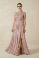 Lace A - Line Bateau Neck Chiffon Long Bridesmaid Dress in Toffee - KISS BRIDAL Bridesmaid Dresses