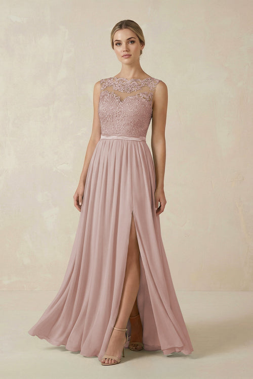 Lace A - Line Bateau Neck Chiffon Long Bridesmaid Dress in Toffee - KISS BRIDAL Bridesmaid Dresses