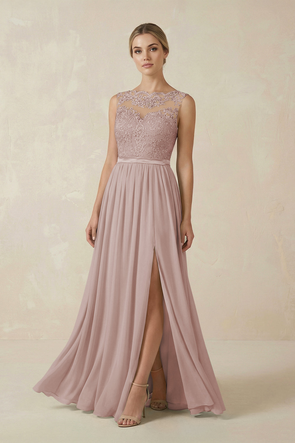 Lace A-Line Bateau Neck Chiffon Long Bridesmaid Dress in Toffee