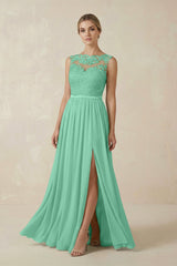 Lace A - Line Bateau Neck Chiffon Long Bridesmaid Dress in Turquoise - KISS BRIDAL Bridesmaid Dresses