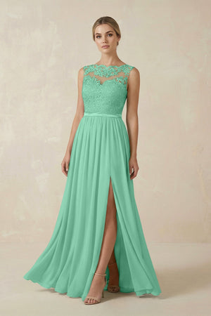 Lace A - Line Bateau Neck Chiffon Long Bridesmaid Dress in Turquoise - SHE IS ME Bridesmaid Dresses