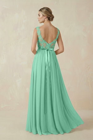 Lace A - Line Bateau Neck Chiffon Long Bridesmaid Dress in Turquoise - SHE IS ME Bridesmaid Dresses