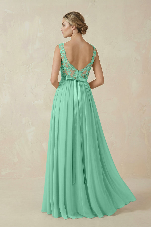 Lace A - Line Bateau Neck Chiffon Long Bridesmaid Dress in Turquoise - SHE IS ME Bridesmaid Dresses