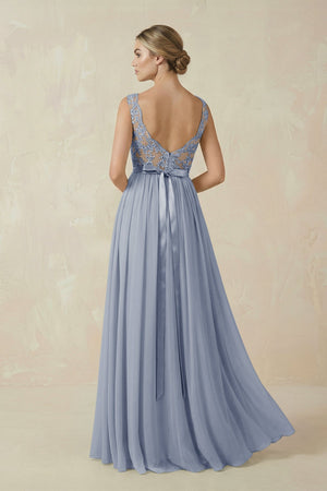 Lace A - Line Bateau Neck Chiffon Long Bridesmaid Dress in Twilight - KISS BRIDAL Bridesmaid Dresses