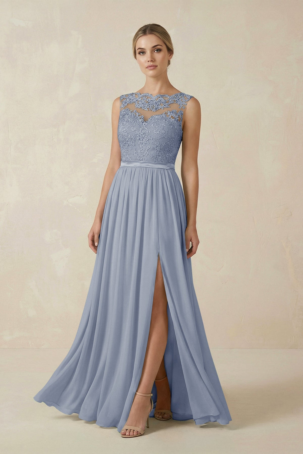 Lace A - Line Bateau Neck Chiffon Long Bridesmaid Dress in Twilight - KISS BRIDAL Bridesmaid Dresses