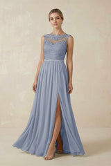 Lace A - Line Bateau Neck Chiffon Long Bridesmaid Dress in Twilight - KISS BRIDAL Bridesmaid Dresses
