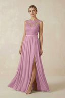 Lace A - Line Bateau Neck Chiffon Long Bridesmaid Dress in Vintage Mauve - KISS BRIDAL Bridesmaid Dresses
