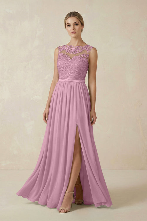 Lace A - Line Bateau Neck Chiffon Long Bridesmaid Dress in Vintage Mauve - KISS BRIDAL Bridesmaid Dresses