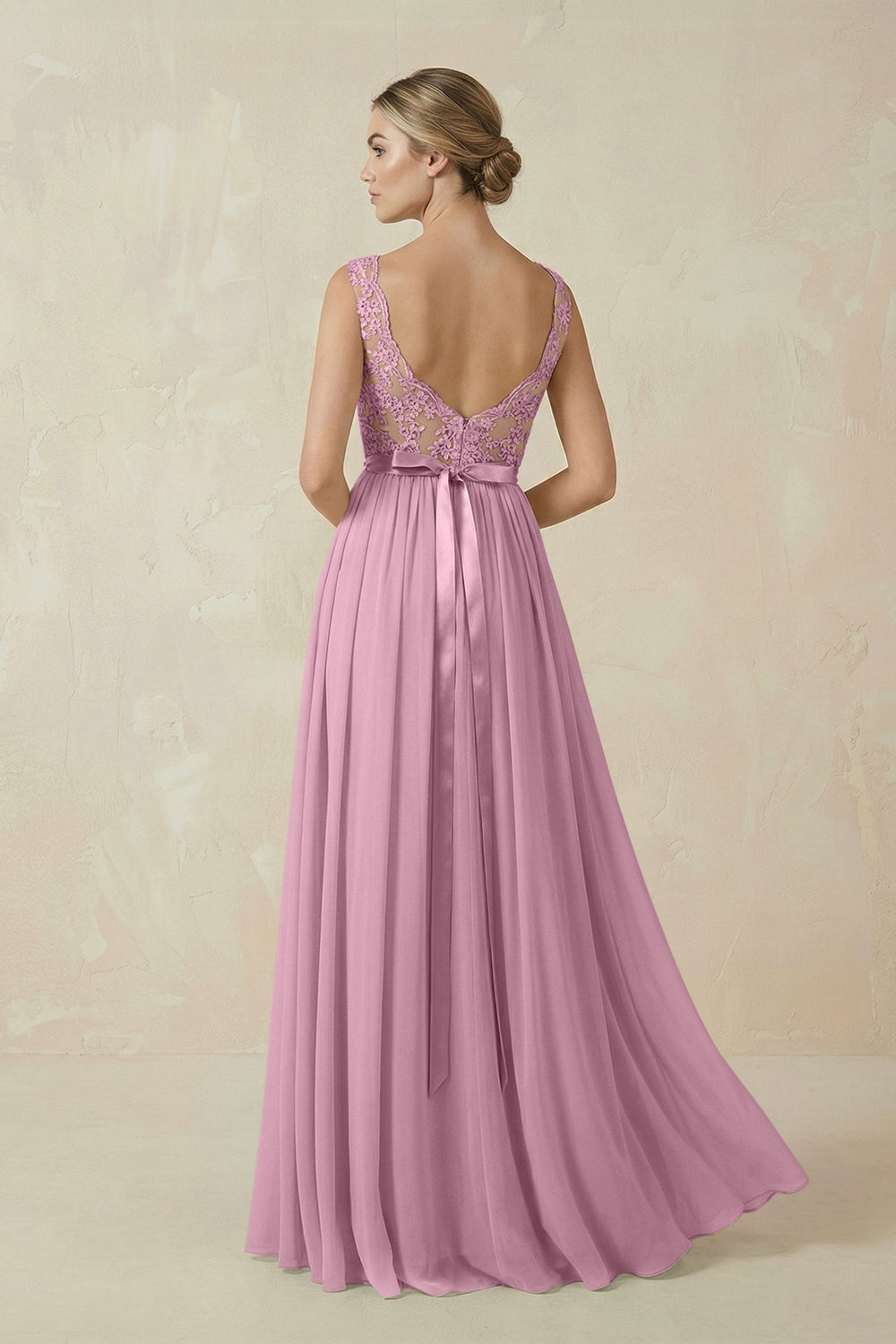 Lace A - Line Bateau Neck Chiffon Long Bridesmaid Dress in Vintage Mauve - KISS BRIDAL Bridesmaid Dresses