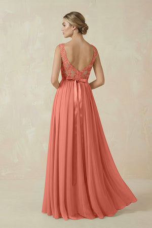 Lace A - Line Bateau Neck Chiffon Long Bridesmaid Dress in Wild Rose - KISS BRIDAL Bridesmaid Dresses