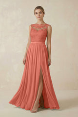 Lace A - Line Bateau Neck Chiffon Long Bridesmaid Dress in Wild Rose - KISS BRIDAL Bridesmaid Dresses