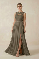 Lace A - Line Bateau Neck Chiffon Long Bridesmaid Dress in Willow Green - SHE IS ME Bridesmaid Dresses