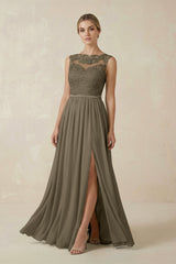 Lace A - Line Bateau Neck Chiffon Long Bridesmaid Dress in Willow Green - KISS BRIDAL Bridesmaid Dresses