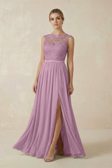 Lace A - Line Bateau Neck Chiffon Long Bridesmaid Dress in Wisteria - KISS BRIDAL Bridesmaid Dresses