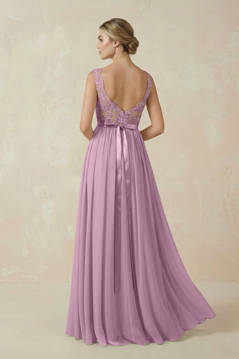 Lace A - Line Bateau Neck Chiffon Long Bridesmaid Dress in Wisteria - KISS BRIDAL Bridesmaid Dresses