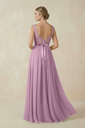 Lace A - Line Bateau Neck Chiffon Long Bridesmaid Dress in Wisteria - KISS BRIDAL Bridesmaid Dresses