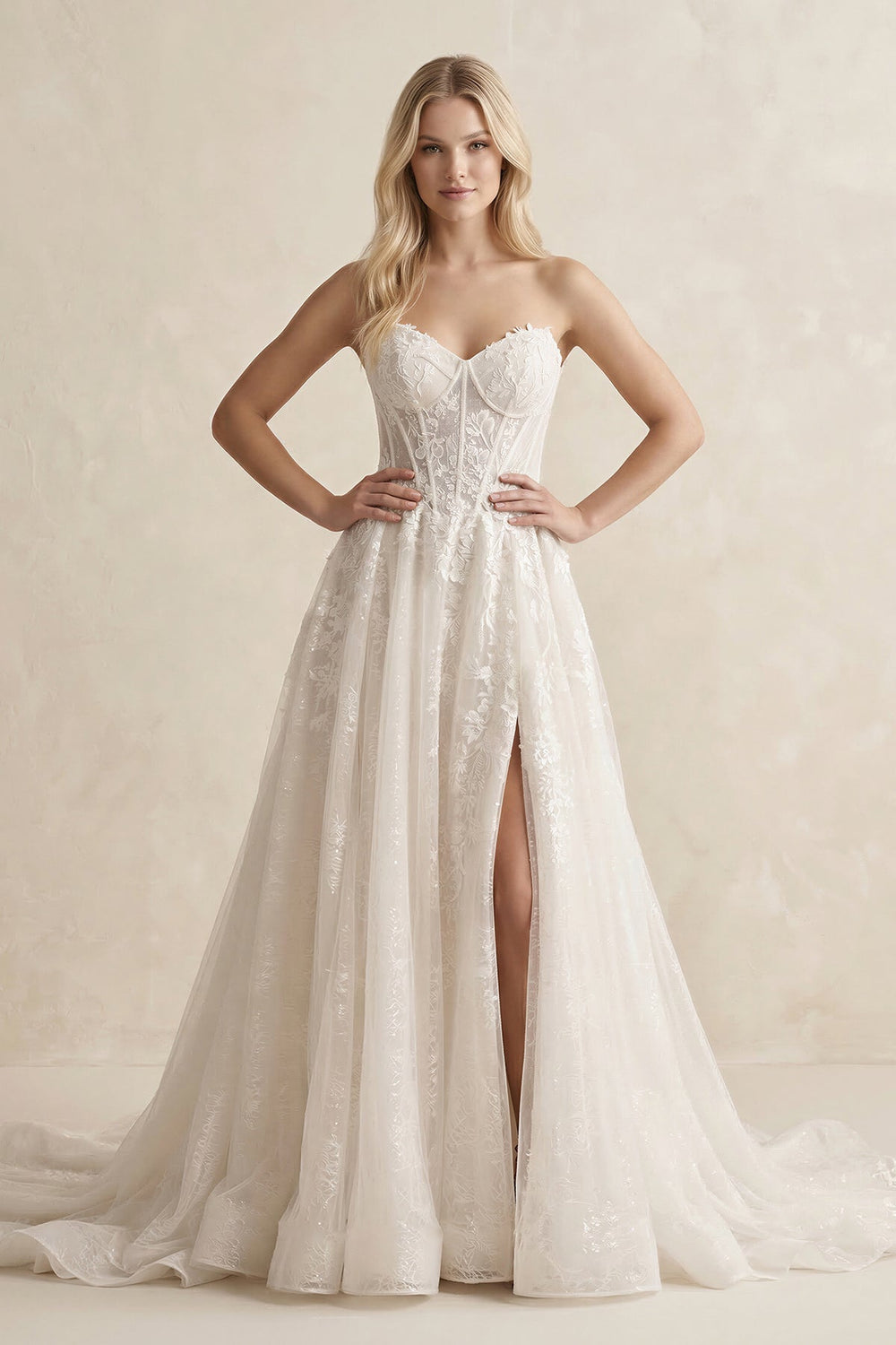 Lace A - Line Sweetheart Corset Wedding Dress With Slit in Ivory - KISS BRIDAL Wedding Dresses