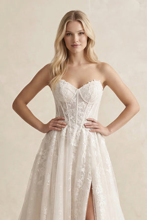 Lace A - Line Sweetheart Corset Wedding Dress With Slit in Ivory - SHE IS ME Wedding Dresses