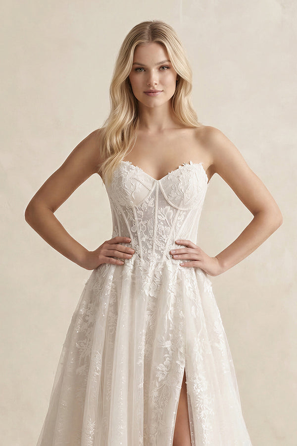 Lace A - Line Sweetheart Corset Wedding Dress With Slit in Ivory - SHE IS ME Wedding Dresses
