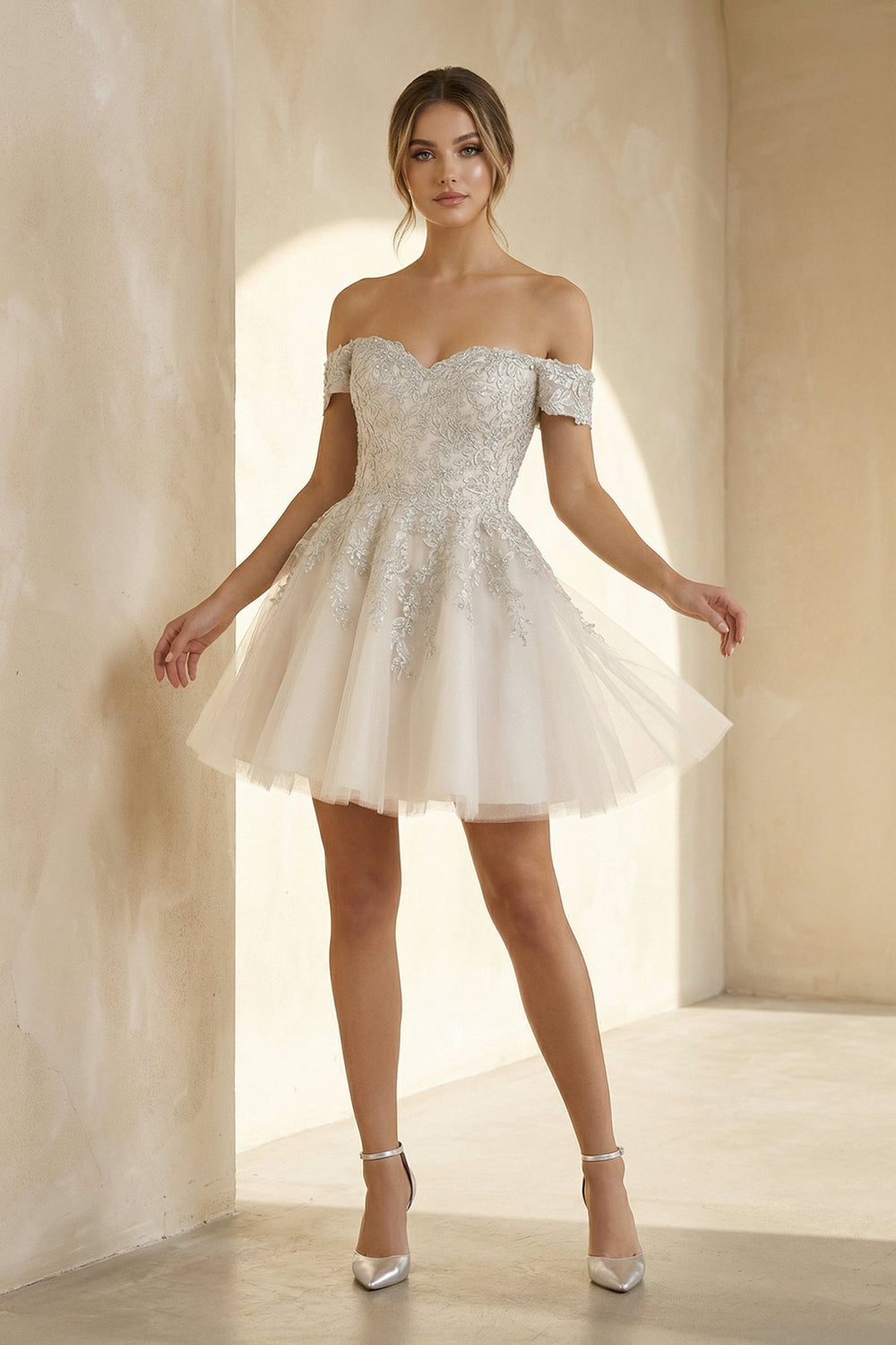 Lace Appliques A - Line Mini Wedding Dress in Ivory - SHE IS ME Wedding Dresses