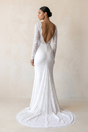 Lace Beatu Neck Sheath Wedding Dress in White - SHE IS ME Wedding Dresses