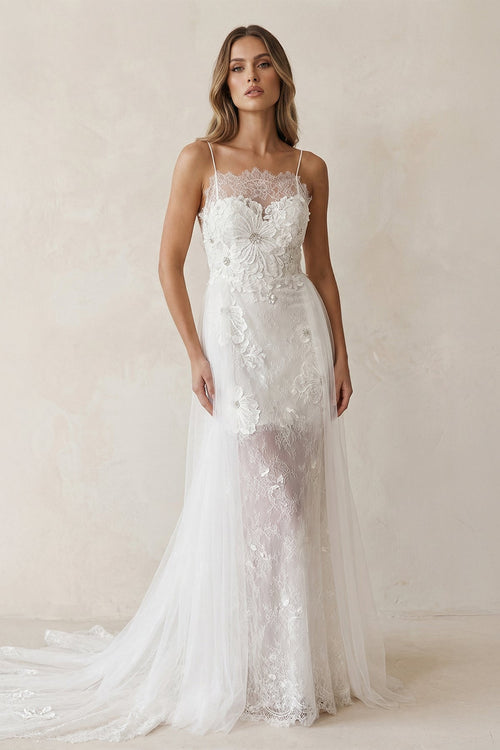 Lace Cami Strap Sheath Floral Embroidery Wedding Dress in Ivory - SHE IS ME Wedding Dresses