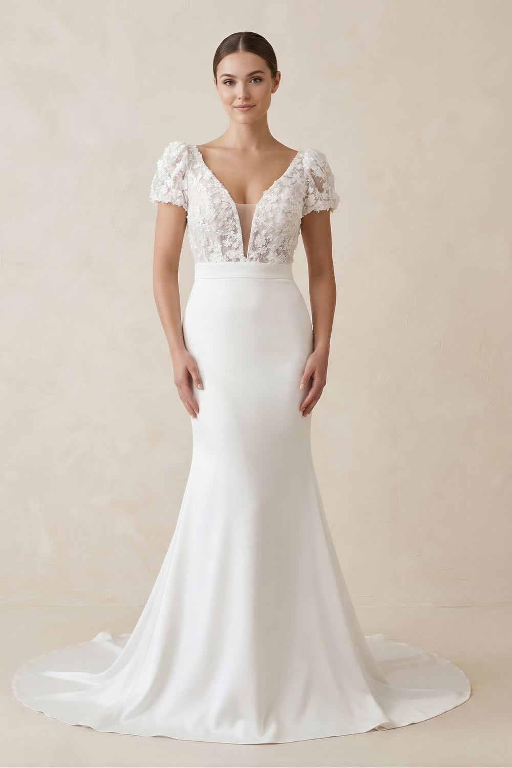 Lace Cap Sleeve Satin V - Neck Mermaid Wedding Dress in White - KISS BRIDAL Wedding Dresses