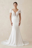 Lace Cap Sleeve Satin V - Neck Mermaid Wedding Dress in White - SHE IS ME Wedding Dresses