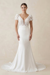Lace Cap Sleeve Satin V - Neck Mermaid Wedding Dress in White - KISS BRIDAL Wedding Dresses