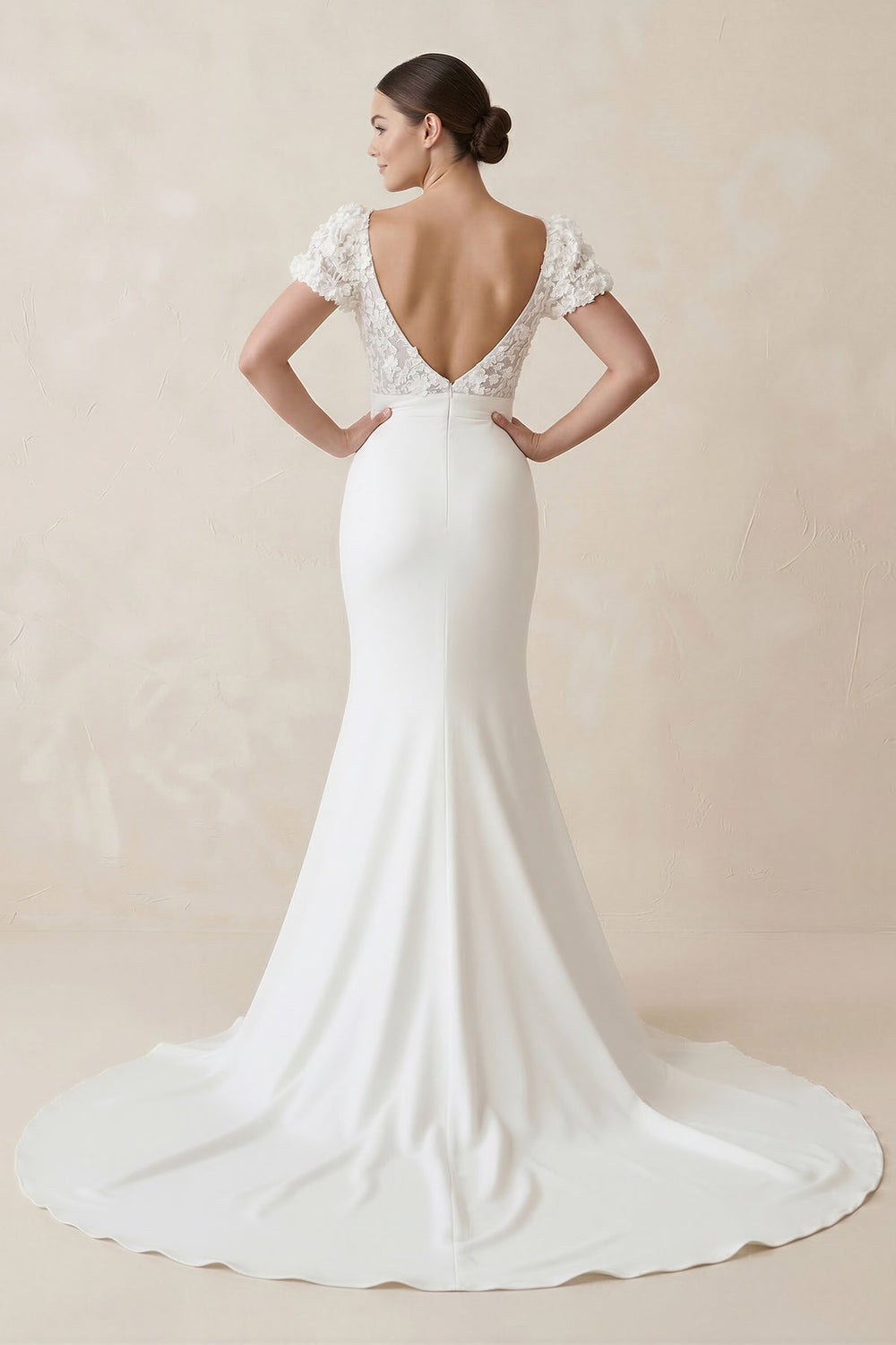 Lace Cap Sleeve Satin V - Neck Mermaid Wedding Dress in White - KISS BRIDAL Wedding Dresses
