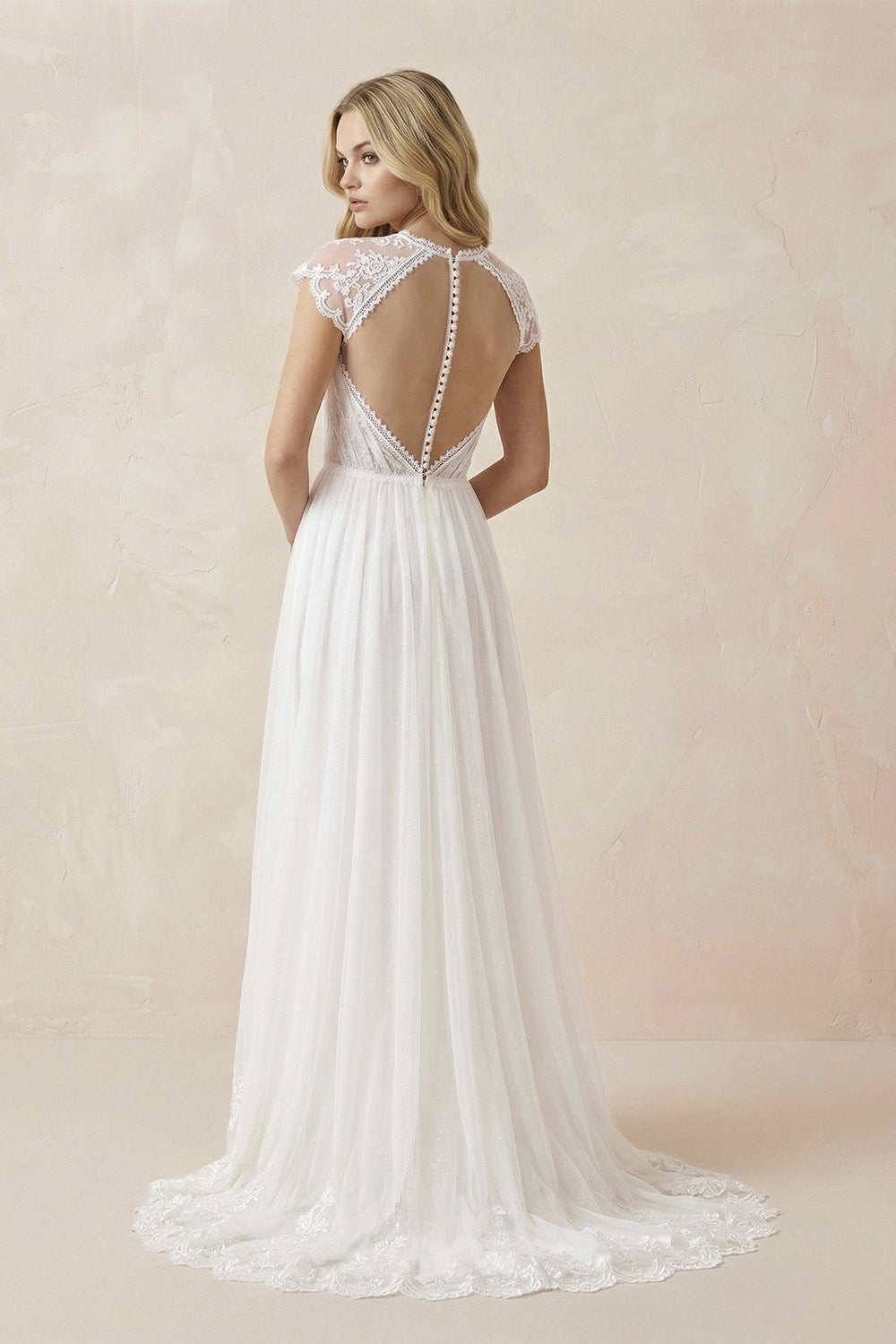 Lace Cap Sleeve V - Neck A - Line Tulle Wedding Dress in White - KISS BRIDAL Wedding Dresses
