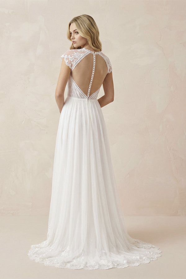 Lace Cap Sleeve V - Neck A - Line Tulle Wedding Dress in White - SHE IS ME Wedding Dresses
