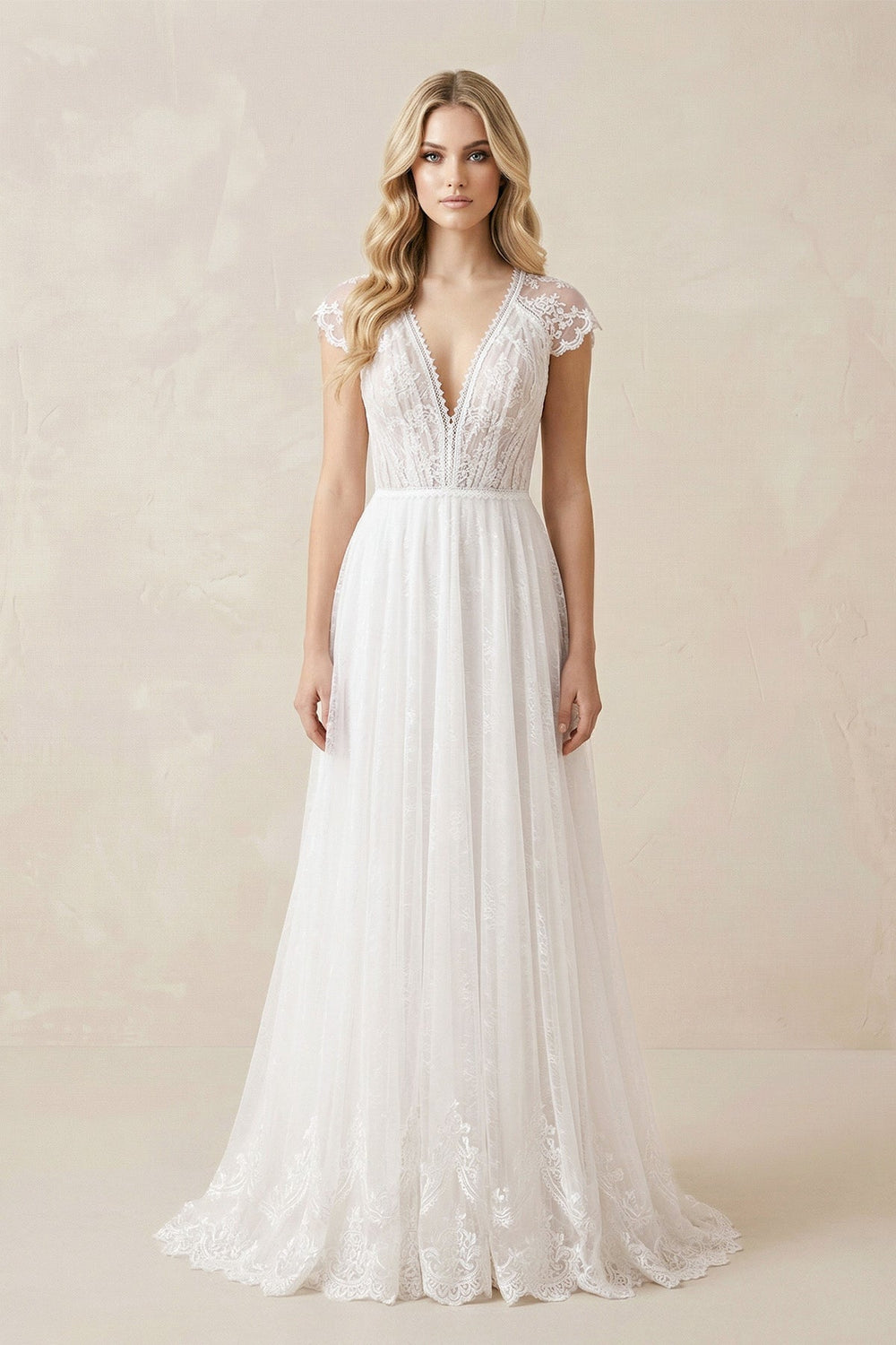 Lace Cap Sleeve V - Neck A - Line Tulle Wedding Dress in White - KISS BRIDAL Wedding Dresses
