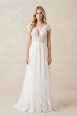 Lace Cap Sleeve V - Neck A - Line Tulle Wedding Dress in White - KISS BRIDAL Wedding Dresses