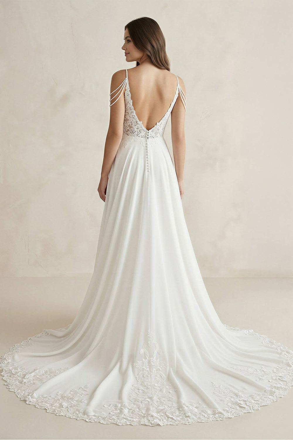Lace Chiffon A - Line Off - the - Shoulder Wedding Dress in White - KISS BRIDAL Wedding Dresses
