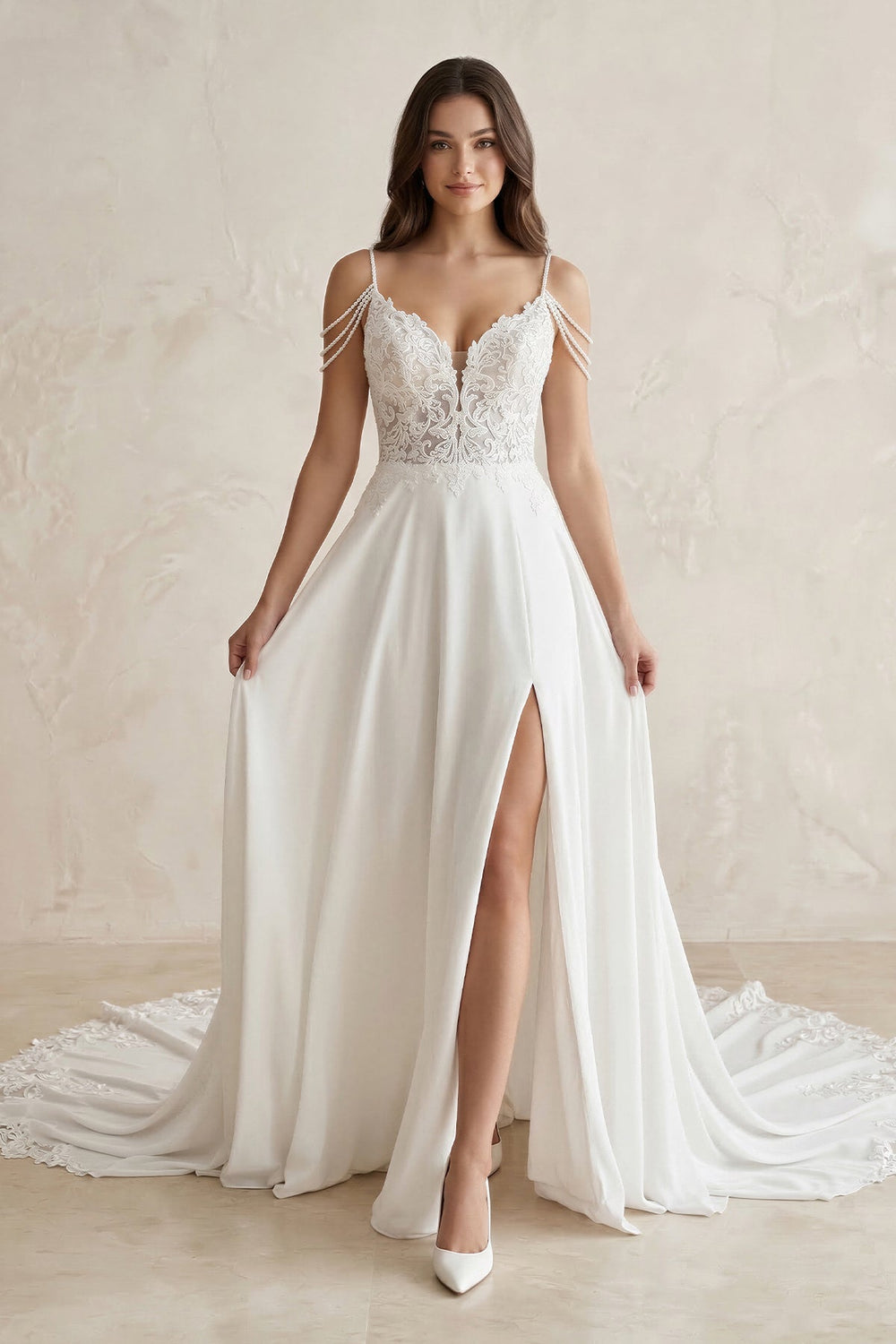 Lace Chiffon A - Line Off - the - Shoulder Wedding Dress in White - KISS BRIDAL Wedding Dresses