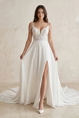 Lace Chiffon A - Line Off - the - Shoulder Wedding Dress in White - KISS BRIDAL Wedding Dresses