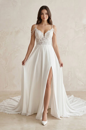 Lace Chiffon A - Line Off - the - Shoulder Wedding Dress in White - SHE IS ME Wedding Dresses