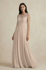 Lace Chiffon A - Line Round Neck Bridesmaid Dress in Almond - KISS BRIDAL Bridesmaid Dresses