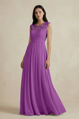 Lace Chiffon A - Line Round Neck Bridesmaid Dress in Amethyst - KISS BRIDAL Bridesmaid Dresses
