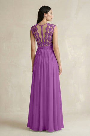 Lace Chiffon A - Line Round Neck Bridesmaid Dress in Amethyst - SHE IS ME Bridesmaid Dresses