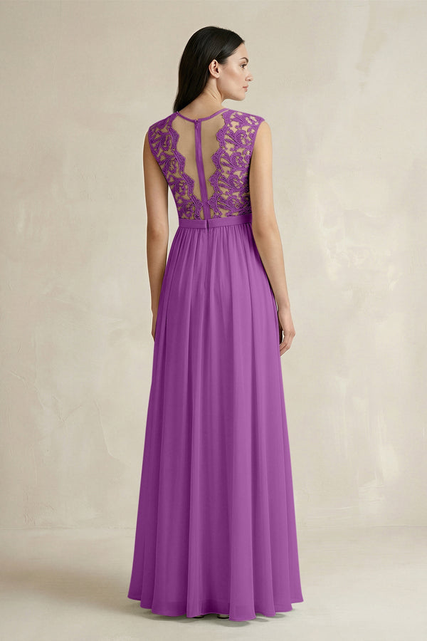 Lace Chiffon A - Line Round Neck Bridesmaid Dress in Amethyst - SHE IS ME Bridesmaid Dresses