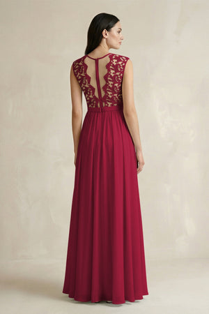 Lace Chiffon A - Line Round Neck Bridesmaid Dress in Berry - SHE IS ME Bridesmaid Dresses