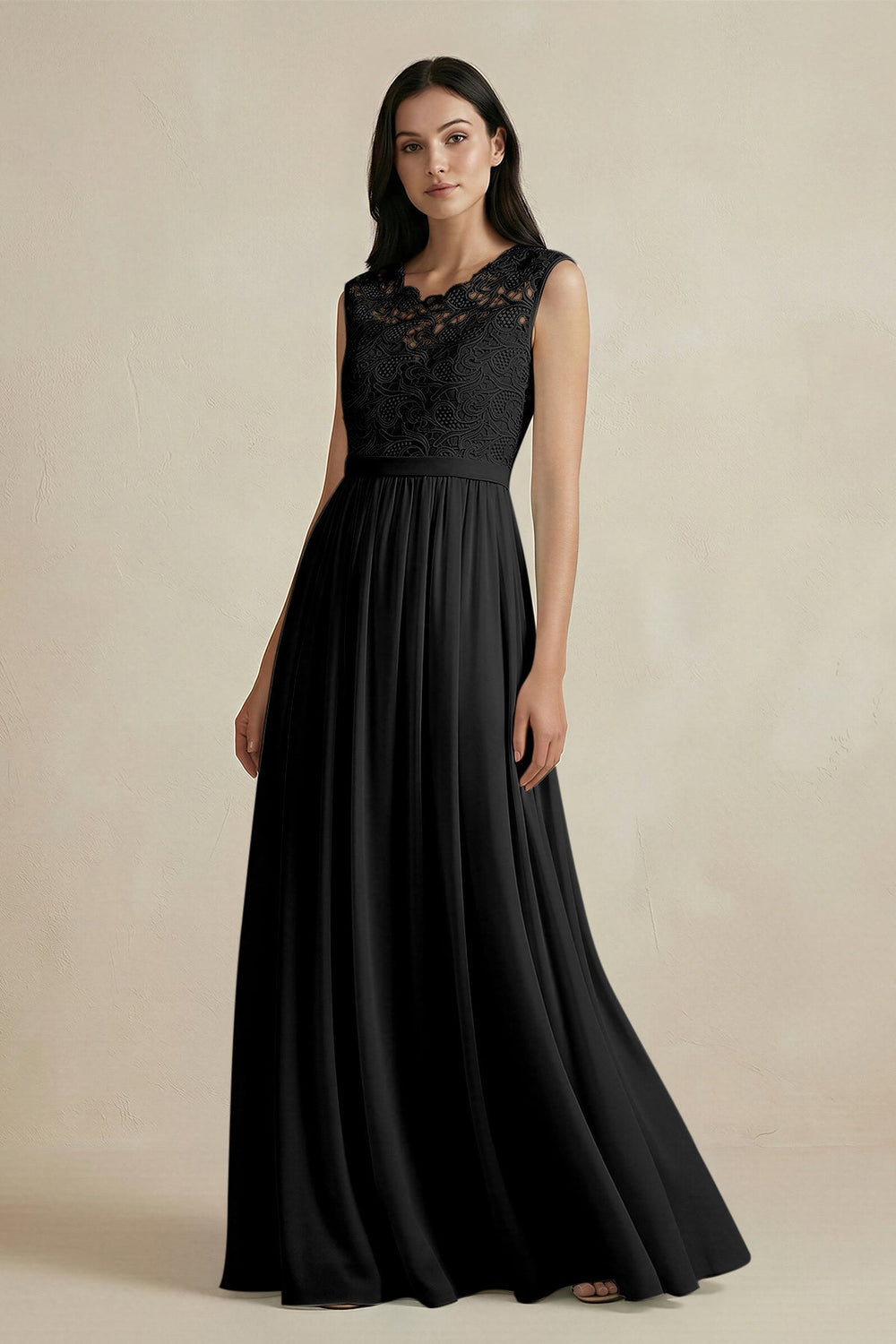 Lace Chiffon A - Line Round Neck Bridesmaid Dress in Black - KISS BRIDAL Bridesmaid Dresses