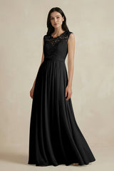 Lace Chiffon A - Line Round Neck Bridesmaid Dress in Black - KISS BRIDAL Bridesmaid Dresses
